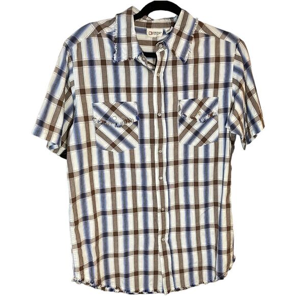 BKE 67 Pearl Snap Short Sleeve Shirt Blue And Brown Plaid Frayed Details Men’s L - Picture 1 of 7